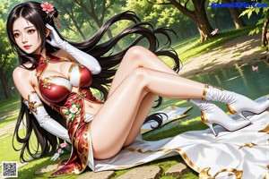 A woman in a red dress is standing under a cherry blossom tree.