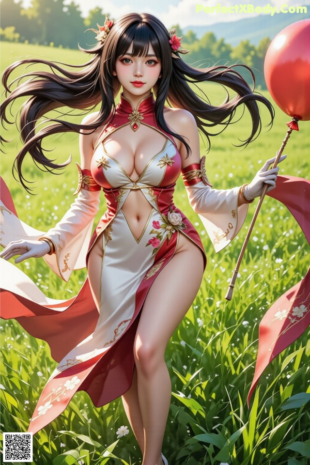 Hentai - The Frozen Elegance That Melts Starlight Set.2 20250106 Part 12 No.09783b A woman in a red and white dress holding a red balloon.