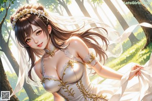 A woman in a wedding dress walking through a forest.