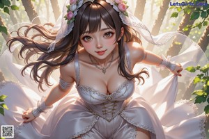 A woman in a wedding dress walking through a forest.