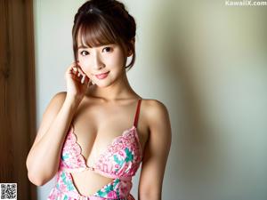 A naked asian woman standing in front of a wooden door.