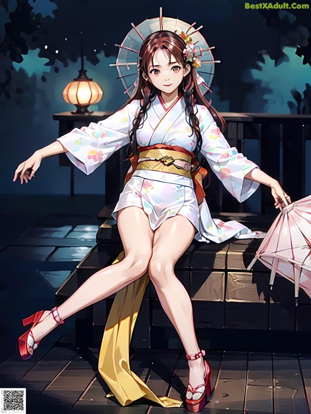 A woman in a kimono sitting on a bench holding an umbrella.