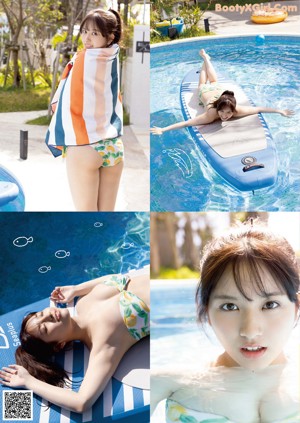 A woman in a yellow bikini standing in the ocean.