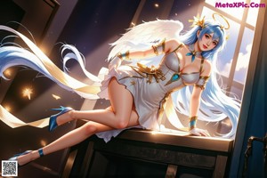A woman with long blue hair wearing a blue outfit.
