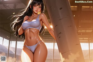 A woman in an orange bikini leaning against a pole.