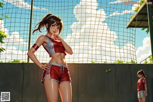 A woman with long brown hair wearing a white tank top.