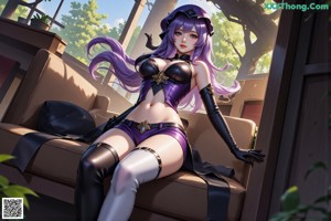 A woman in a purple top and black leather shorts sitting on a couch.