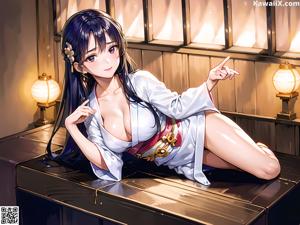 A woman in a pink kimono sitting on a bed.
