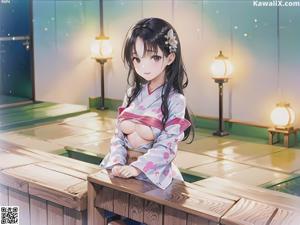 A woman in a pink kimono sitting on a bed.