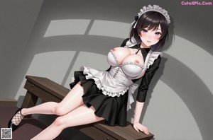 A woman in a maid outfit sitting on a chair.