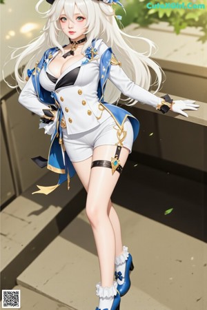 A woman in a blue and white outfit with a top hat.