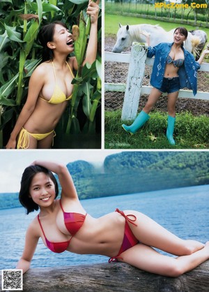 A woman in a blue bikini sitting on a couch.