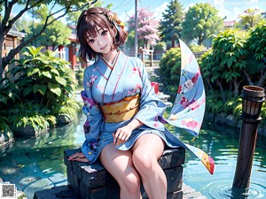 A woman in a purple kimono standing in front of a pond.