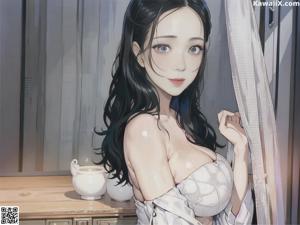 A woman in a black corset sitting on a kitchen counter.