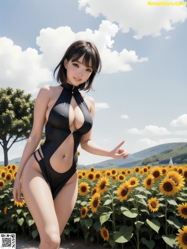 Hentai - 华彩繁花 Set 2 20230602 Part 8 No.e8f0b5 A woman in a black bathing suit standing in a field of sunflowers.