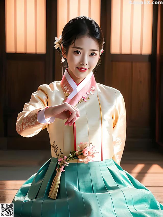 A woman in a hanbok is holding a bouquet of flowers.