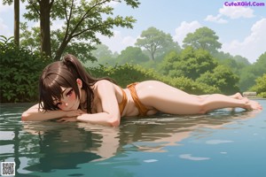 A woman in a white top and shorts sitting in a pool.
